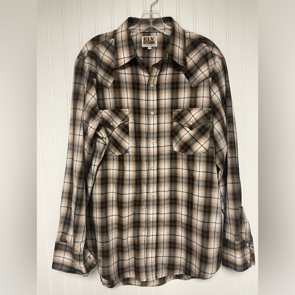 Ely‎ Cattleman Brown Plaid Pearl Snap Shirt Mens Large